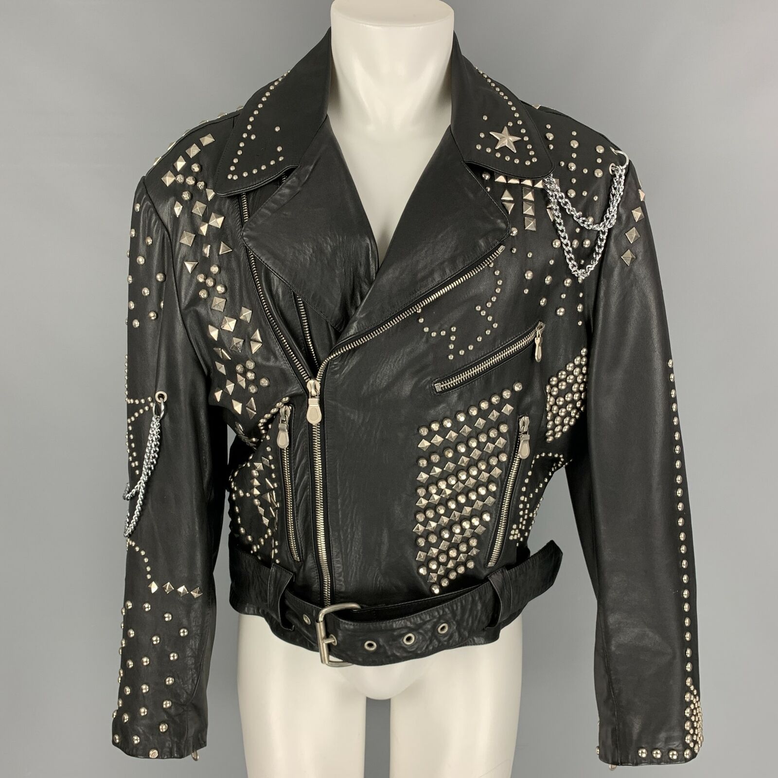 KATHARINE HAMNETT Winter 1990 Size L Black Leather Clean Up Or Die Jacket