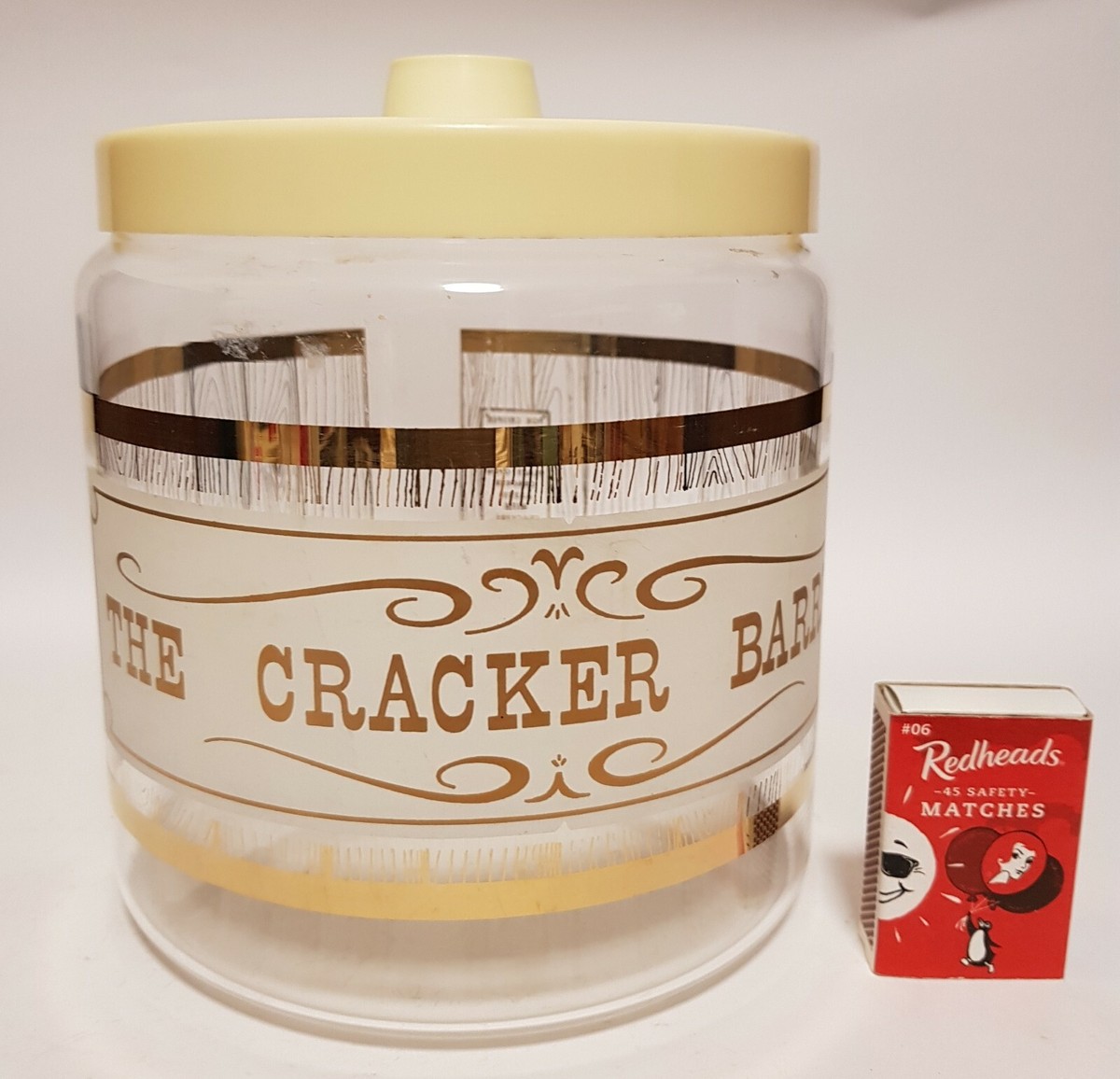 Vintage Pyrex Cracker Barrel Glass Gold Gilt Glass Canister Jar