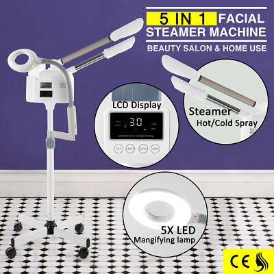 Hot/Cold UV Ozone Facial Steamer 5x LED Magnifying Lamp LCD Beauty Spa Skin Care