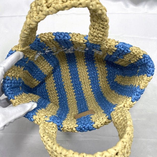 Prada Tote Bag Beige Blue Striped Raffia 1Bg422 F-20617