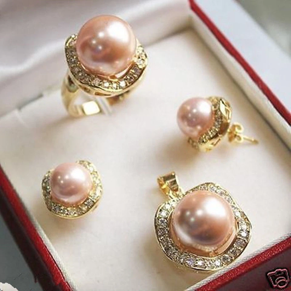 10mm 14mm Color South Sea Shell Pearl/Jade Earring Ring Necklace Pendant A Set - Image 4 of 4