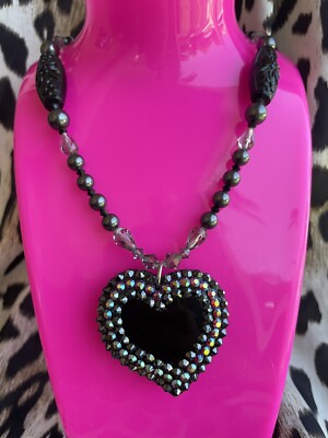 Tarina Tarantino Candy Love Lucite Puff Heart Black Gray Pearl Red AB Necklace