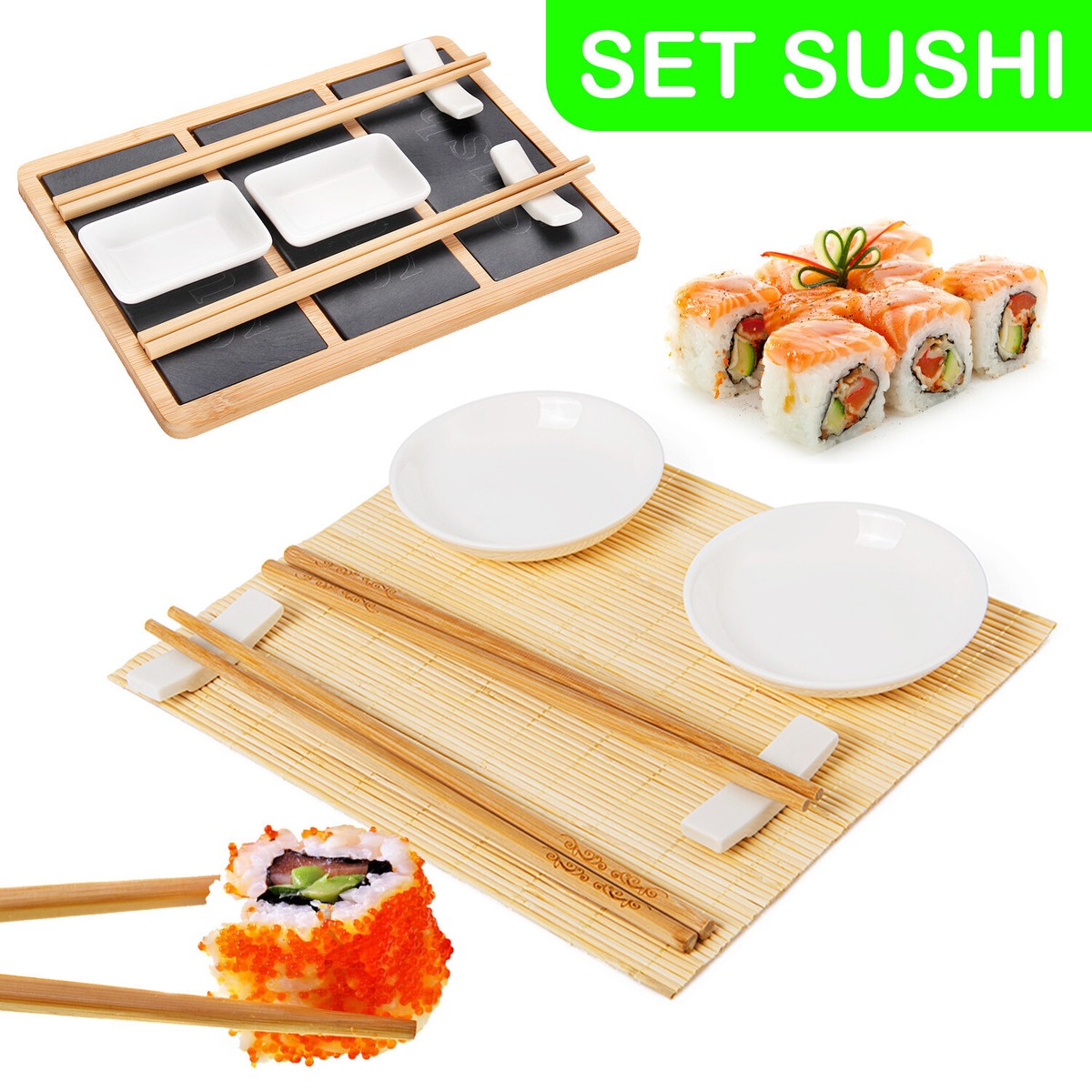 Set Sushi Kit Aperitivo per 2 Persone con Bacchette Ciotole Base Bamboo  Ardesia | eBay.de