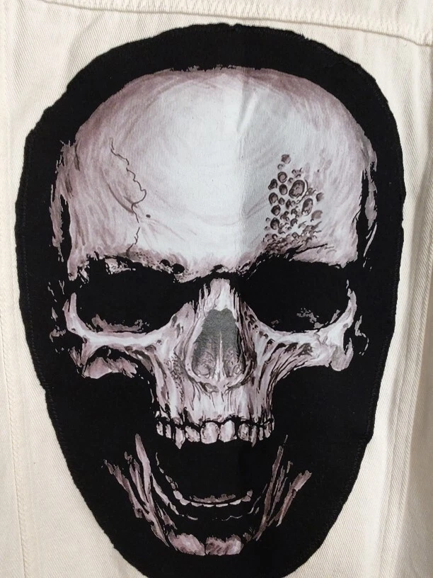 New with tag LZLER Men's Denim Ripped White Jacket with Big Black Skull Size XL