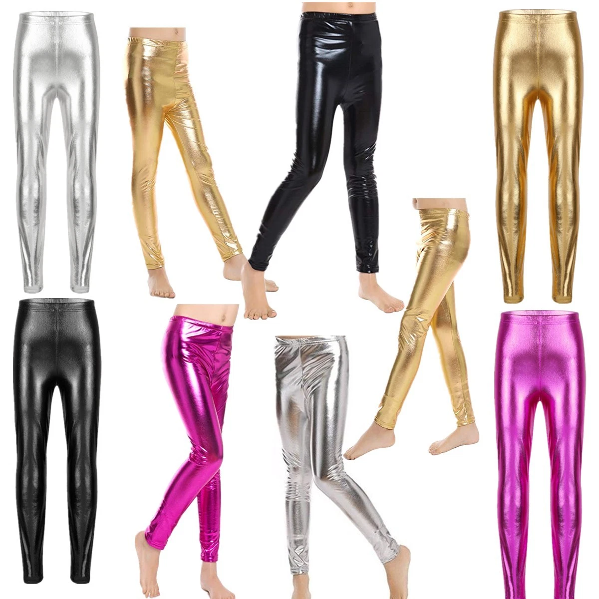 Kids Girls Metallic Leggings Stretchy Shiny Pants Party Disco
