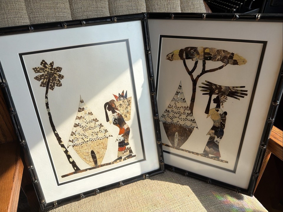 Actual butterfly wing mosaics in bamboo frames — a genuinely rare mid-century craft art form that stopped being made decades ago.