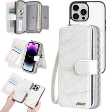 For iPhone/Samsung Leather Zipper Magnetic Card Removable Flip Wallet Phone Case