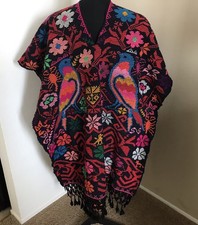 VTG Black Multi-Color Floral Tree Of Life Embroidered Fringe Huipil Poncho OS