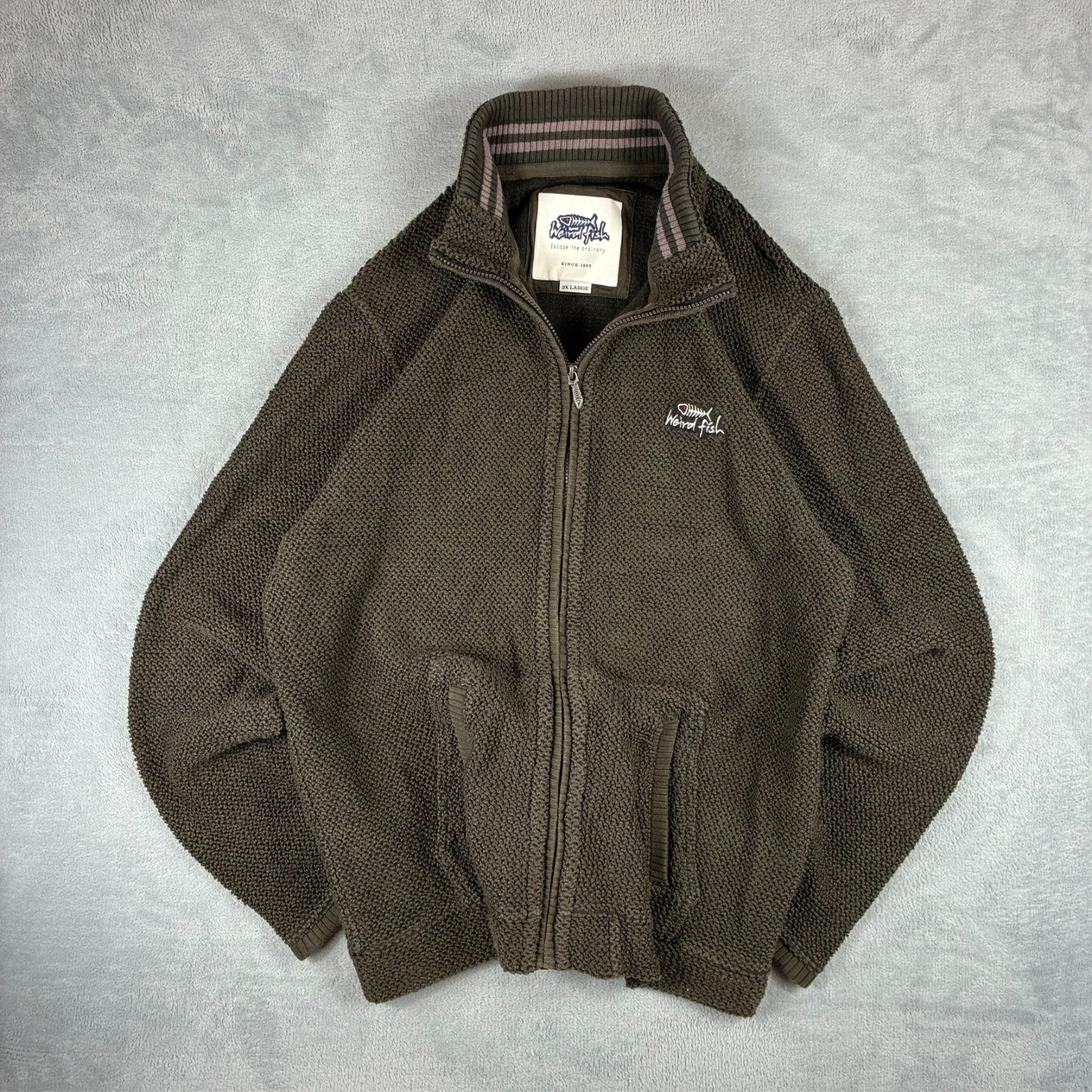 VTG Weird Fish 2000's Macaroni Brown Chunky Knit 2XL Full Zip Sweater Cardigan