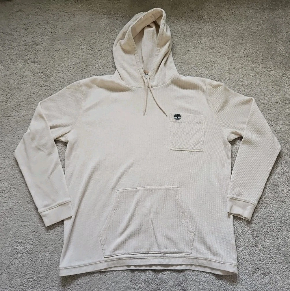 Timberland Beige Pullover Waffle Knit Thermal Hoodie Sz XL Pocket