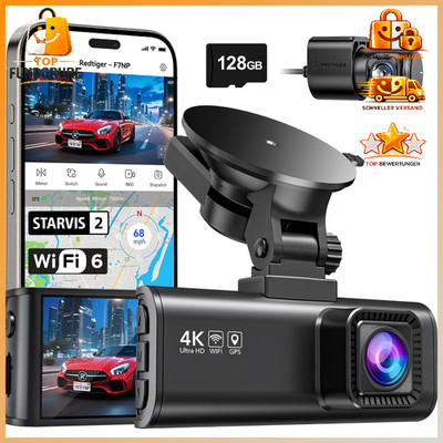 Dashcam 4K 2,5K Vorne Hinten 170° Weitwinkel GPS WiFi mit 128GB Speicherkarte