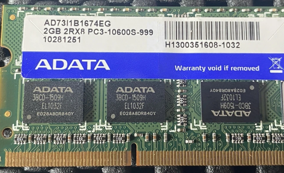 ADATA 4GB (2X2GB) 2Rx8 PC3-10600S-999 COMPUTER RAM MEMORY | P/N AD73I1B1674EG - Image 3 of 3