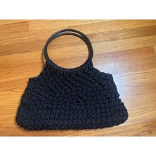 Vintage 70s Black Crochet Tote Bag Faux Wooden Handles Boho Chic Shoulder Bag