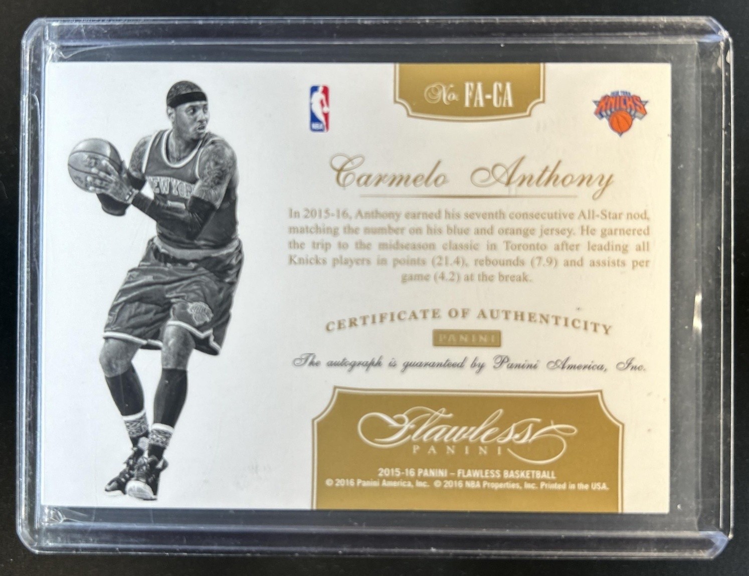 2015-16 Panini Flawless Carmelo Anthony Auto Autograph #/25 Knicks view 2