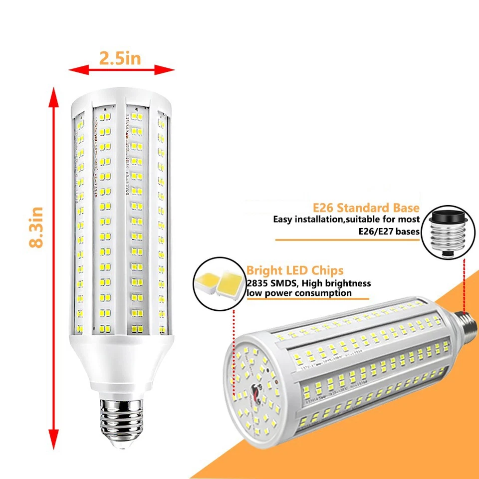 2 Pack 600W Eq LED Corn Light Bulb 6000K 60W White E26/E27 for Garage Warehouse - Image 3 of 4