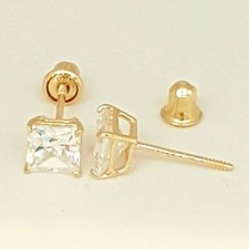 14k yellow Gold 4mm princess Cut stud Earring with cubic zirconia screw Back