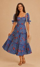 Farm Rio Cherry Pintanga Vichy Farm Blue Gingham Dress Sz M Cherries