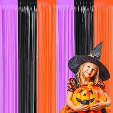 3 Pack Orange Purple Black Halloween Party Decor Foil Fringe Backdrop Curtains