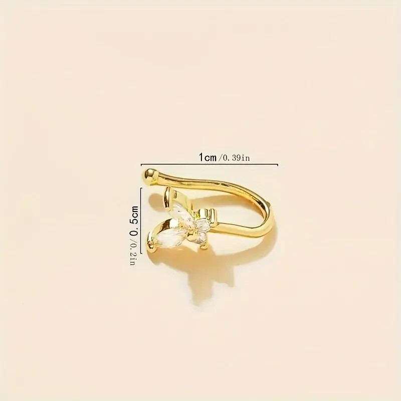 Rhinestone Butterfly U-shaped Fake Nose Ring Non-Piercing Sexy Clip on Golden