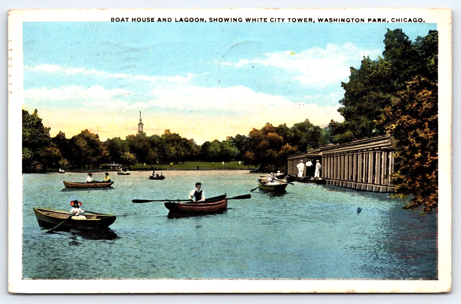 VINTAGE OLD ANTIQUE POSTCARD BOAT HOUSE LAGOON WASHINGTON PARK CHICAGO USA 1917