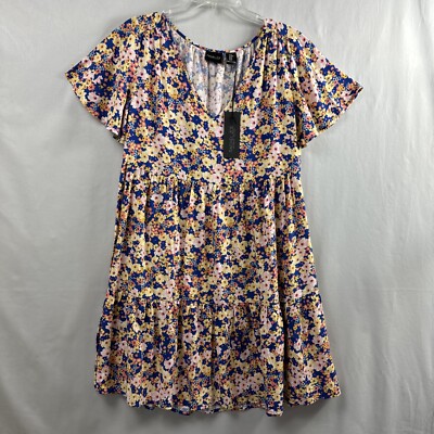 NEW Rachel Zoe Womens Sz Medium Blue Floral Tiered Babydoll Dress V Neck NWT