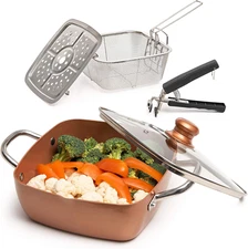 5 Pcs Copper Chef Cookware Set, 9.5” Non Stick Deep Frying Pan, Fry Basket, Stea