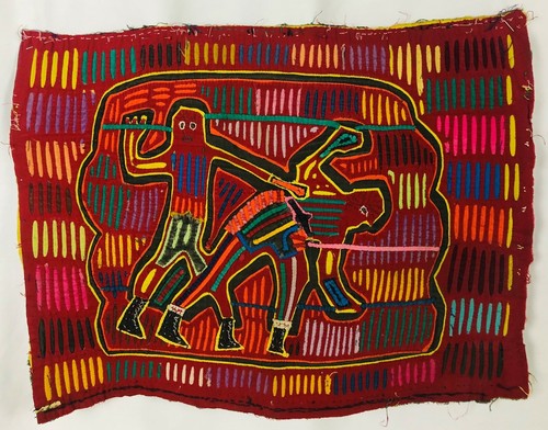 Vintage Mola Hand Made and Hand Stitched Colorful Warrior Men Fighting 14" x 18"