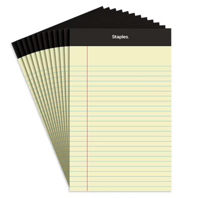 Staples Notepads, 5'' x 8'', Narrow Ruled, Canary, 50 Sheets/Pad, Dozen (ST57298)