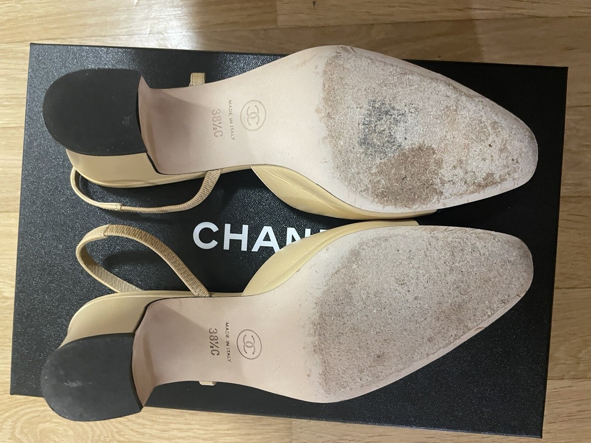 Chanel Slingback Heels Beige Black Size 38.5C (wide) | eBay Chanel Slingback Heels Beige Black Size 38.5C (wide) | eBay