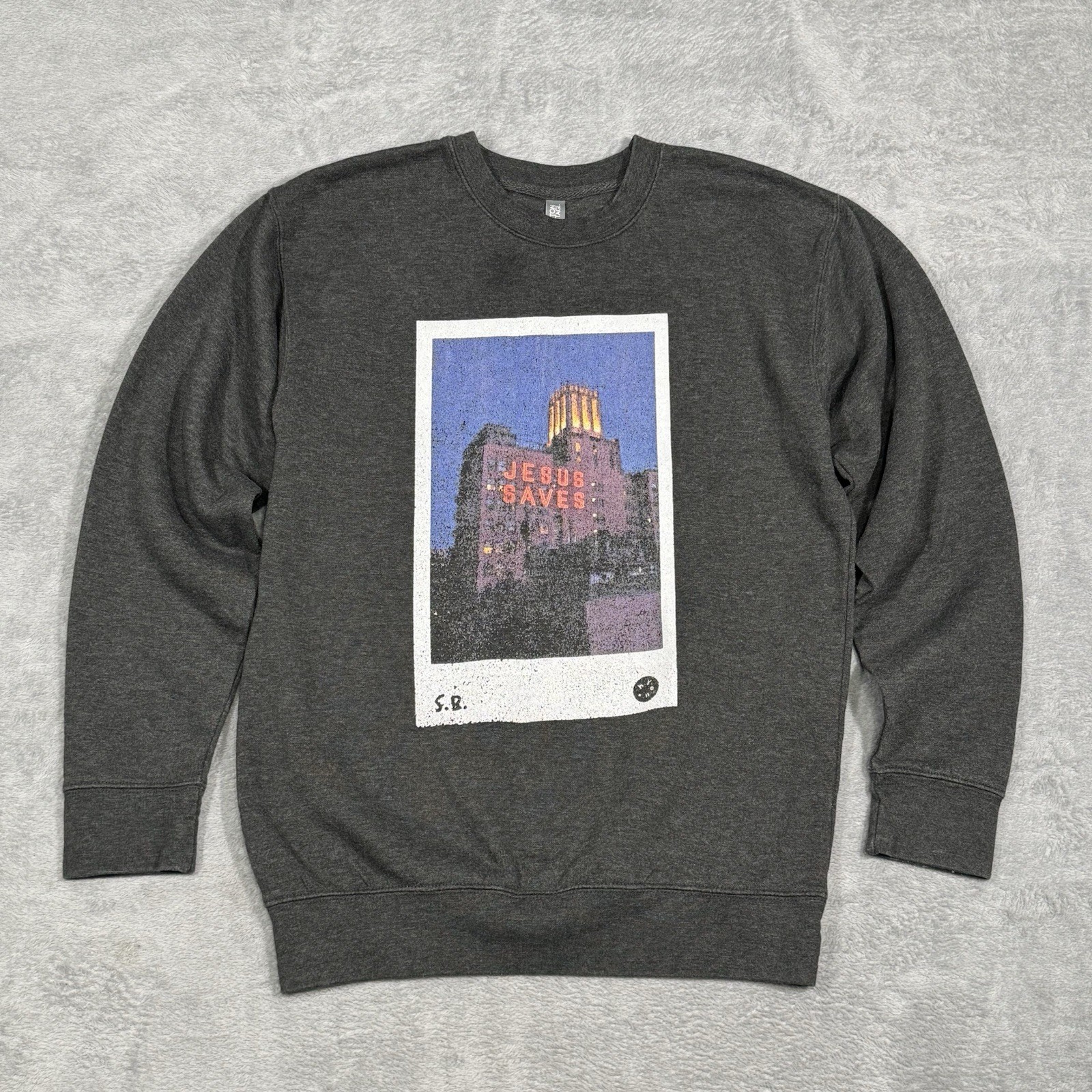Jesus Saves Cotton Heritage Graphic Crewneck Sweatshirt Mens M Gray Distressed