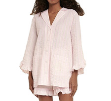 GANNI Striped Seersucker Tunic Shirt Size S Ruffled Lightweight Cotton Pink