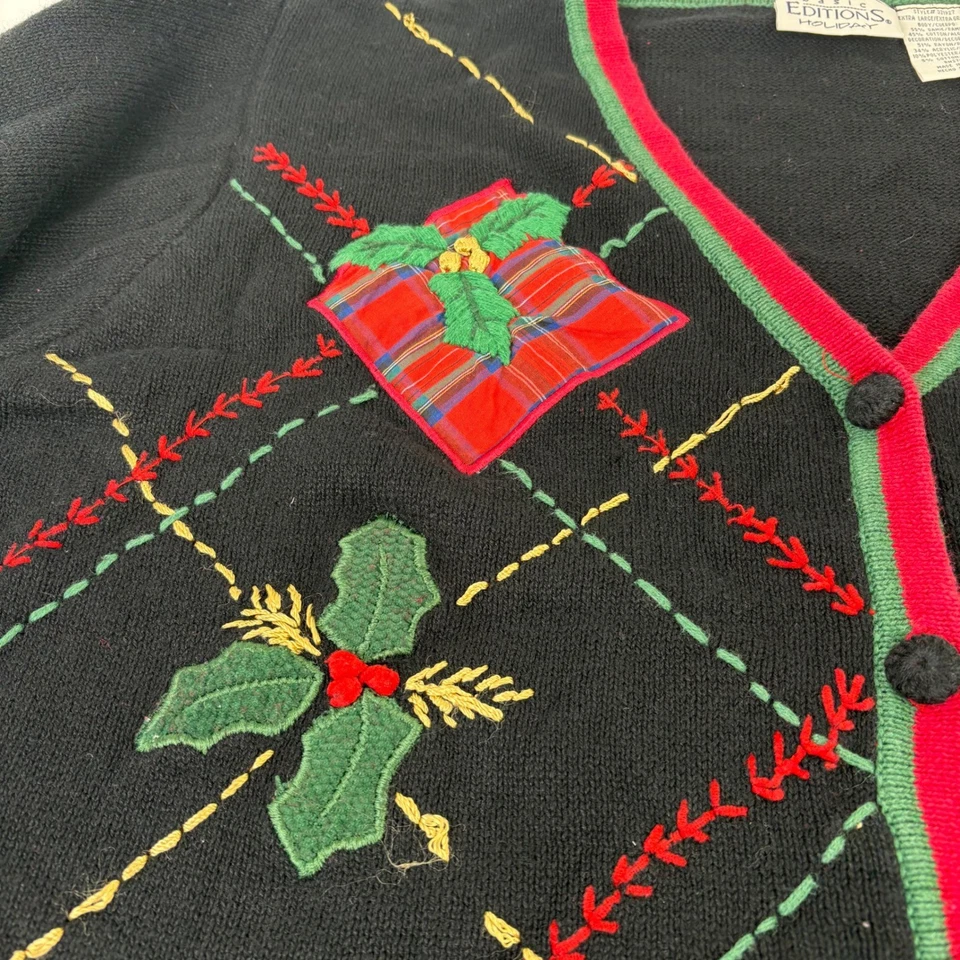 Cárdigan Suéter Navidad Feo Cuadros Negro Vacaciones Vintage Ediciones Básicas XL Foto 3 de 4