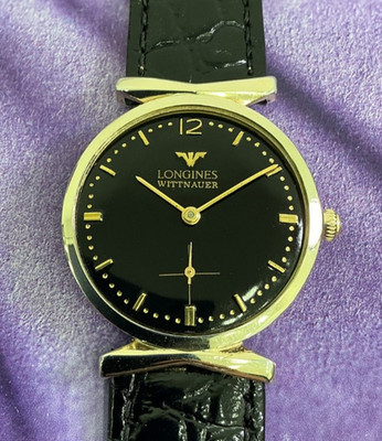 Vintage Longines Wittnauer Watch Black Dial Fancy Case Leather Strap Serviced