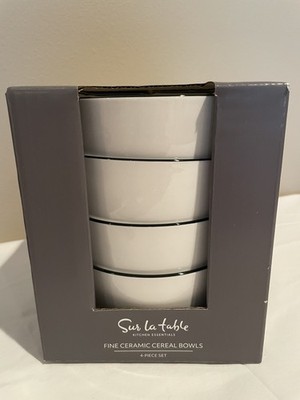 Sur La Table Cereal Bowls White Porcelain with Black Rim Set of 4 NEW