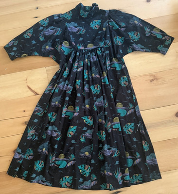 BATSHEVA Dress Black Teal Purple Leaves Nature Print  NWOT
