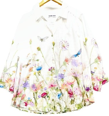 Delores Bizon Women Button Down Blouse Sz XL White Garden Watercolor Floral