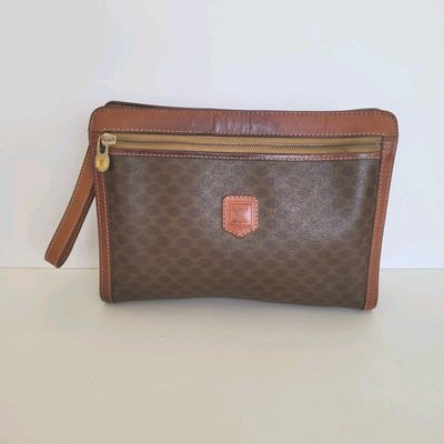Celine Macadam Vintage Wristlet Clutch Bag Zip Brown Medium Retro Pouch Designer