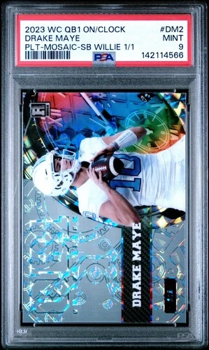 Drake Maye RC 2023 Wild Card QB1 Platinum Mosaics Rainbow SteamBoat Willie PSA 9