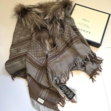 GUCCI Fur GG Logo Wool Silk Scarf Stall Fringe Brown Gray with box from JPN