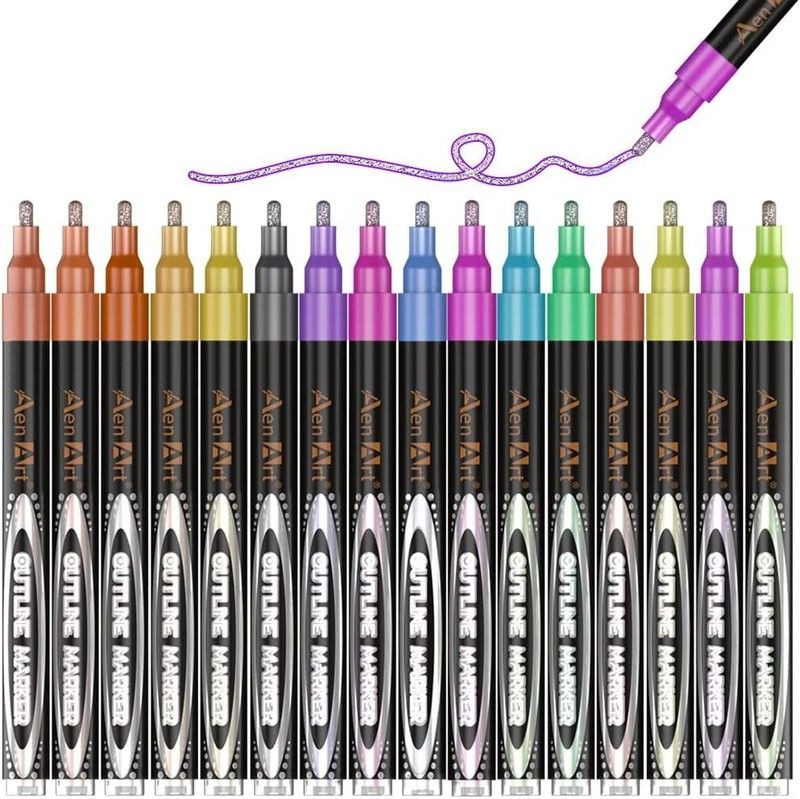 Aen Art Double Line Markers Outline Pens, Squiggles Shimmer 12 Colors 