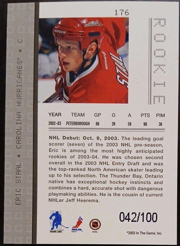 2003 - 2004 ITG Be A Player Eric Staal Rookie Memorabilia Sapphire /100  - Image 2 of 2
