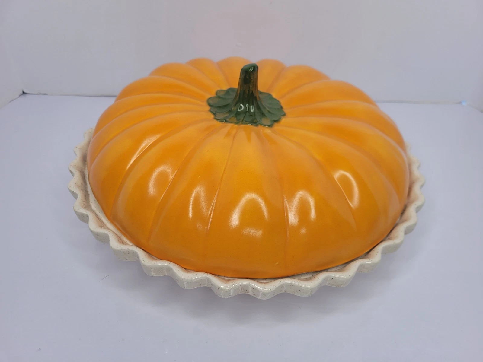 Vintage 12" Ceramic Painted Pumpkin Pie Keeper 2 Piece Set Read Description