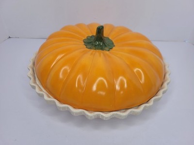 Vintage 12'' Ceramic Painted Pumpkin Pie Keeper 2 Piece Set Read Description 