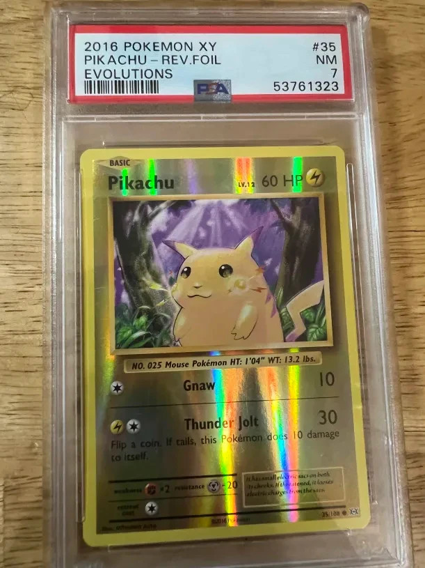 2016 POKEMON XY EVOLUTIONS #35 PIKACHU-REVERSE FOIL PSA 7