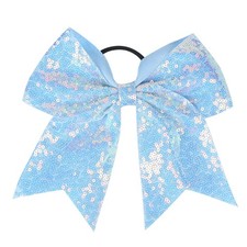 Light Blue Sequins Hair Bows Large Cheer Bow Ponytail Holder Elastic Tie