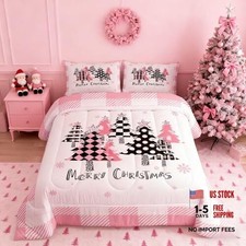Merry Christmas Comforter Set Size, Pink Plaid Xmas Trees Queen Multi 07