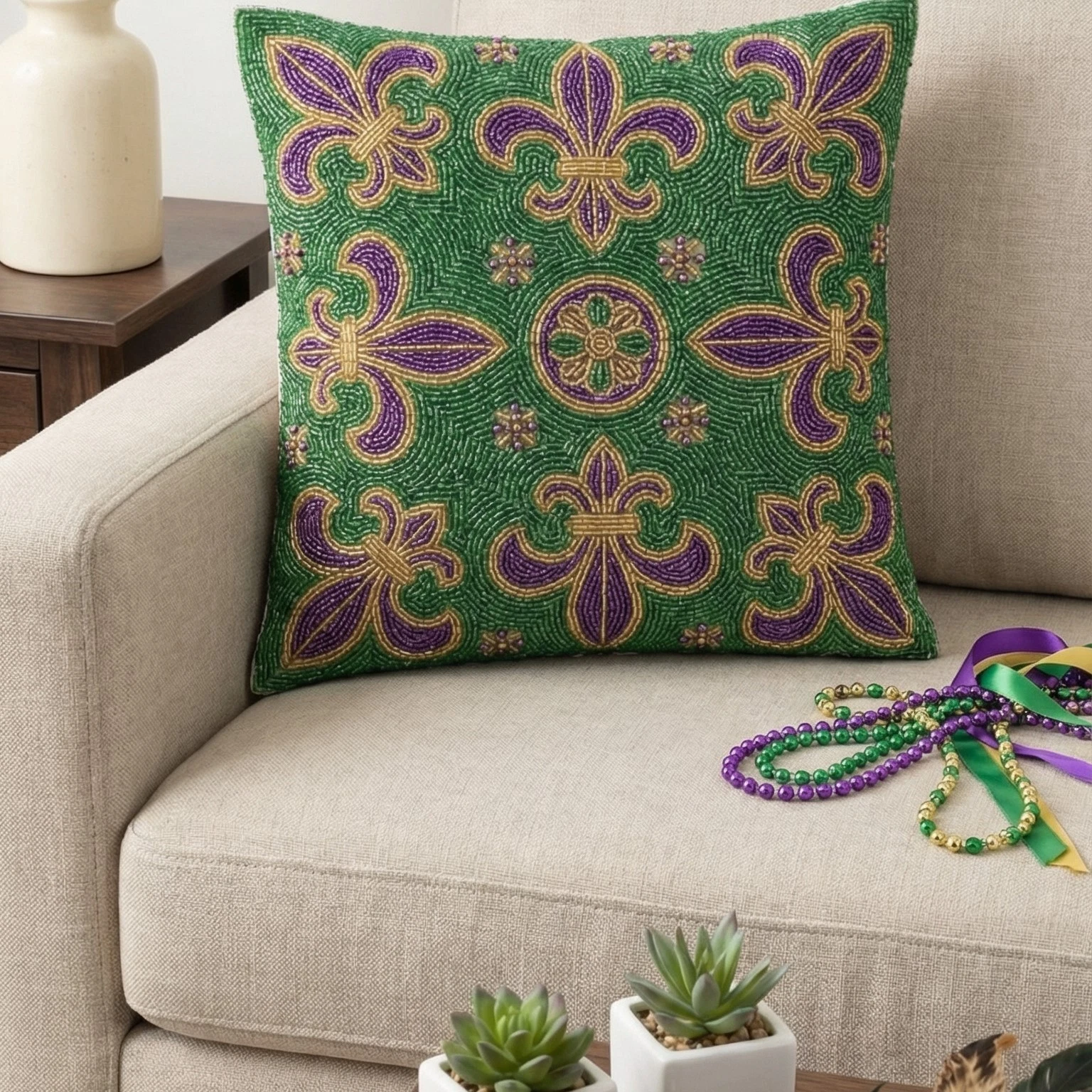 Beaded Fleur-de-Lis Throw Pillow Cover – Mardi Gras Decor 16x16 18x18 20x20
Opens in a new window or