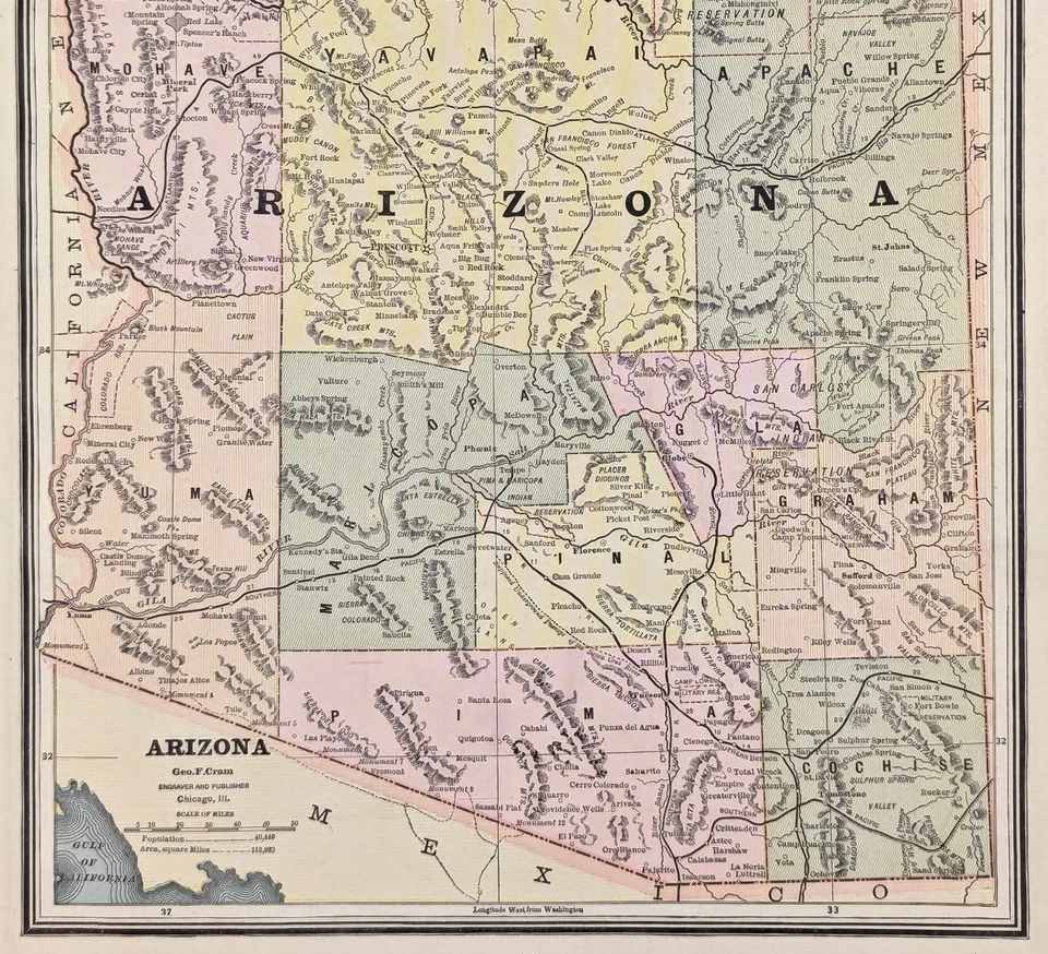 Mapa 1887 ARIZONA TERRITORIO ORIGINAL (12x9,5) ESTRADAS FERROVIÁRIAS - TUCSON - GRAND CANYON - Imagem 3 de 4