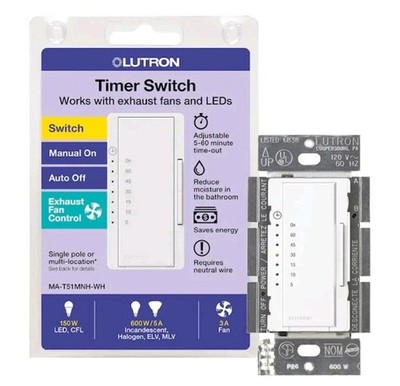 Lutron Maestro MA-T51MNH-WH Timer Switch Single Pole/Multi-location - White
