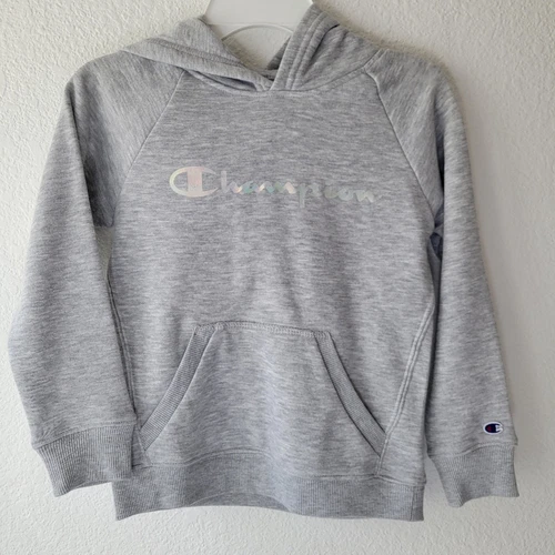 VETEMENTS Felpa con cappuccio Champion grigia bambina con logo iridescente taglia 6 nuova con etichetta Activewear 